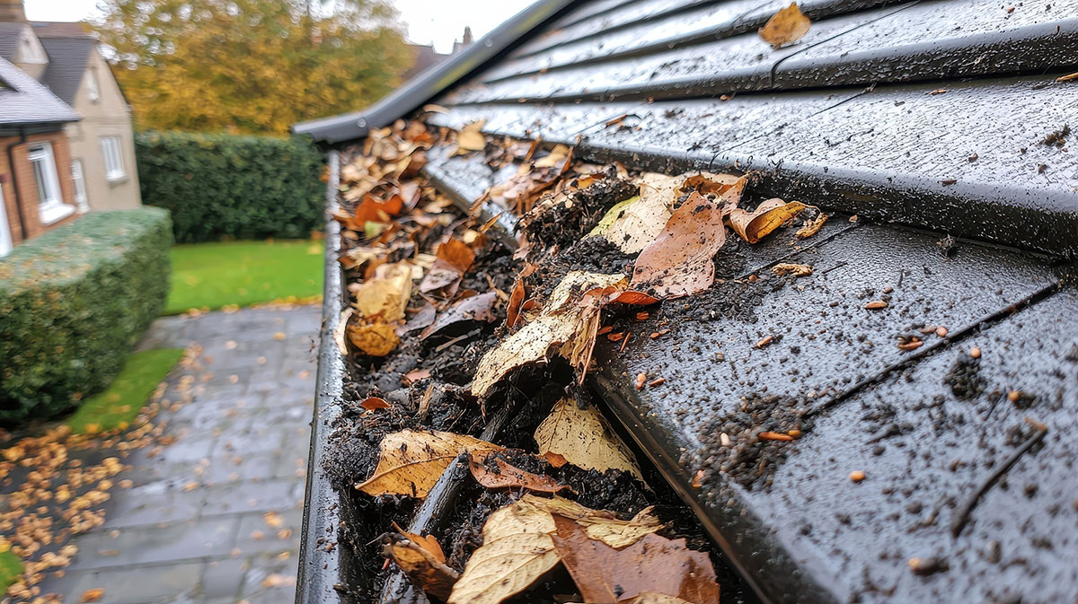 Autumn leaves clogging a roof gutter